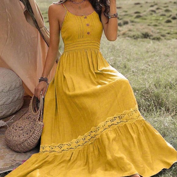 Yellow Boho Women's Lace Decorated Cami Maxi Dress - Picture 4 of 5